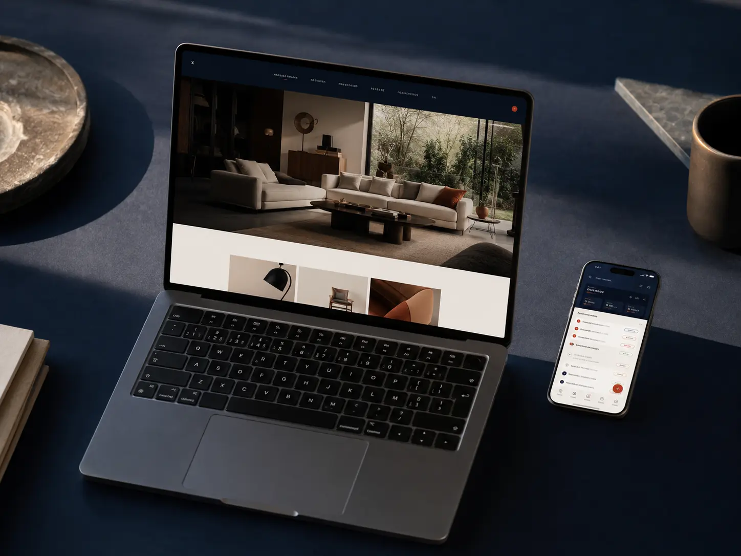 Ordinateur présentant un site web et smartphone affichant une application métier