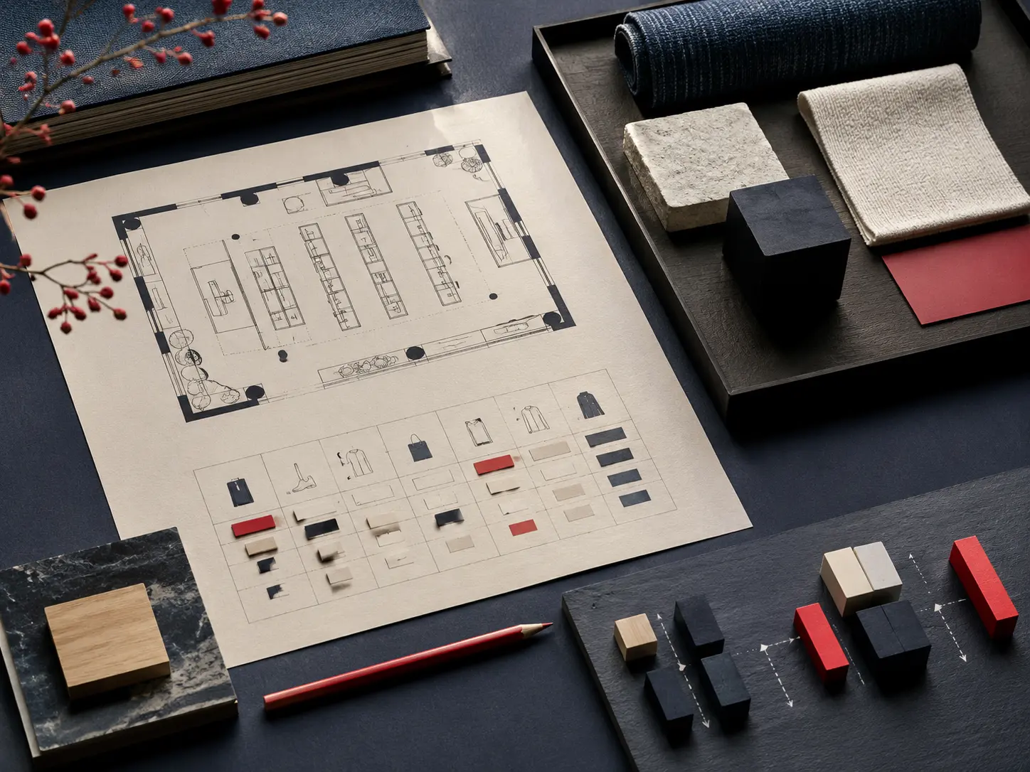 Étude de merchandising avec plan de boutique, matières et assortiment