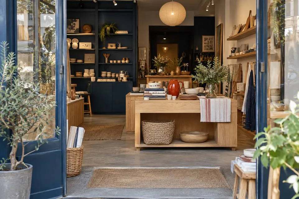 Boutique de décoration accueillante avec parcours ouvert et présentation structurée des produits