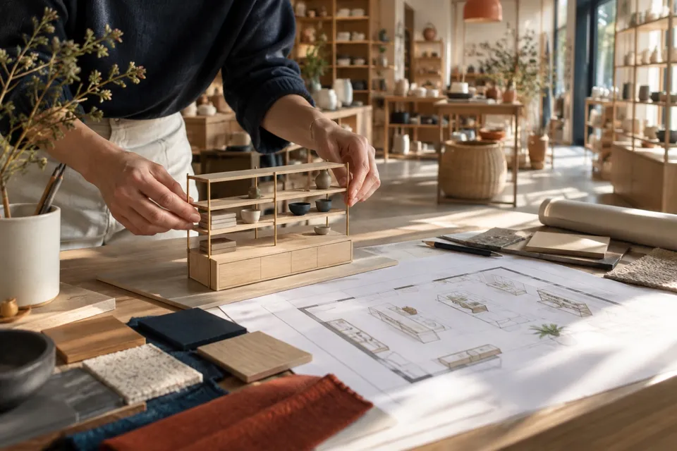 Conception d’un mobilier de présentation avec maquette, plan d’implantation et échantillons