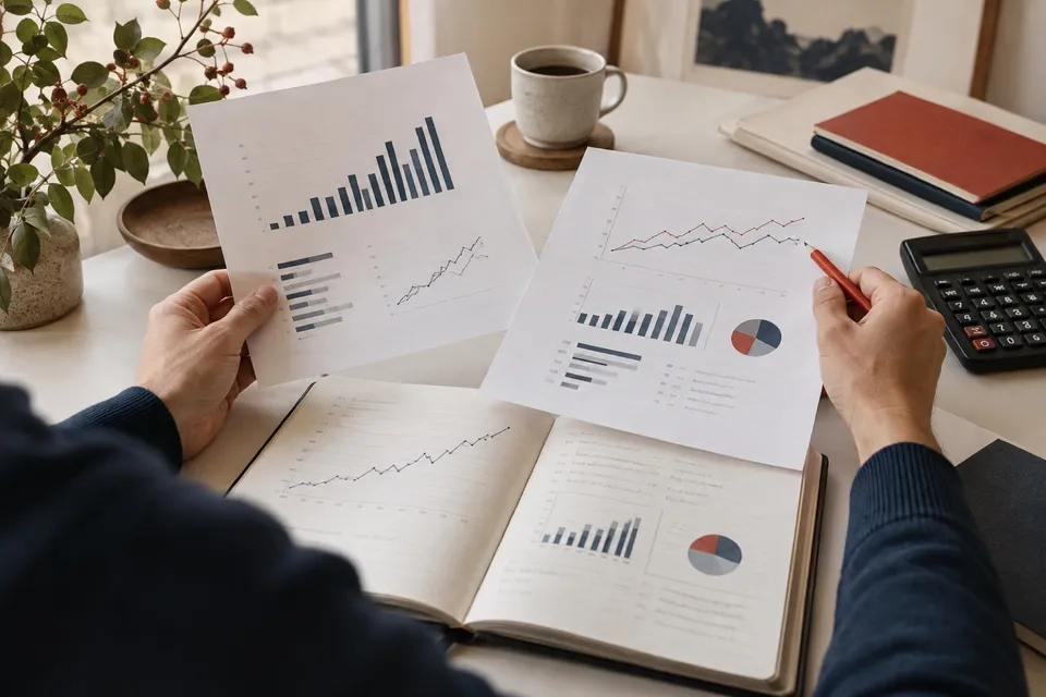 Comparaison de scénarios financiers et de documents de pilotage sur une table de travail