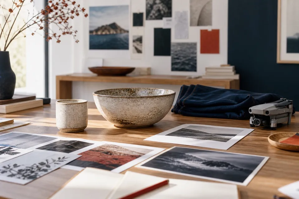 Table de direction artistique avec photographies, céramiques, matières et drone