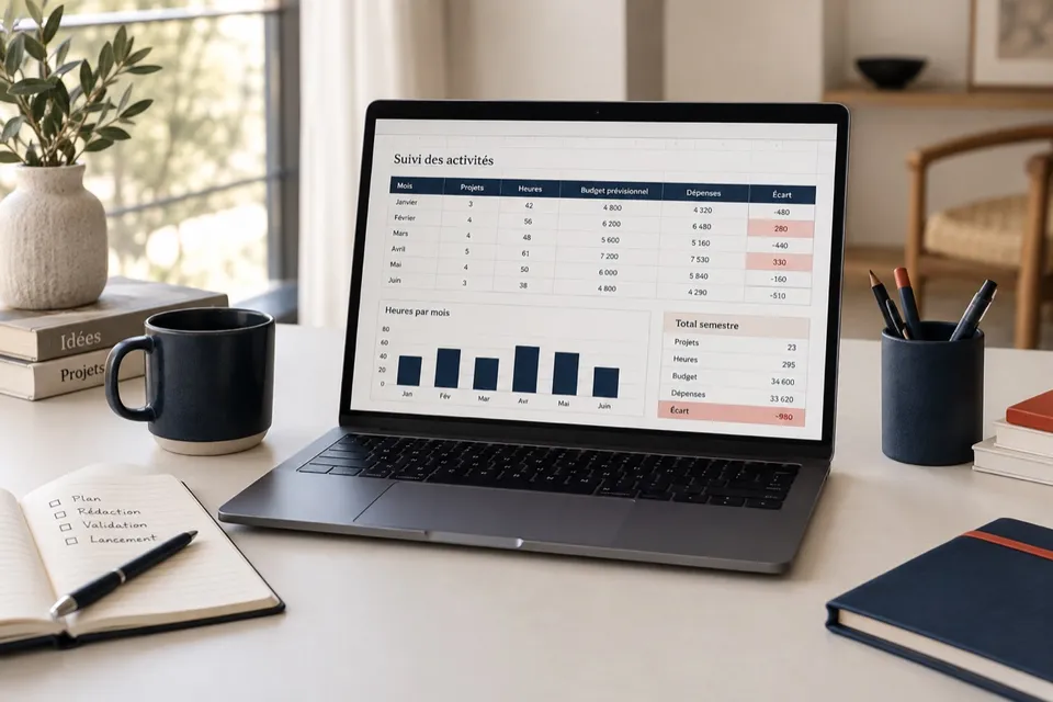 Tableau de suivi d’activité sur ordinateur dans un espace de travail professionnel