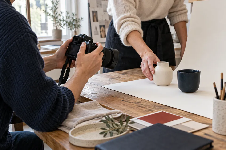 Exercice accompagné de photographie produit avec un appareil et des objets en céramique