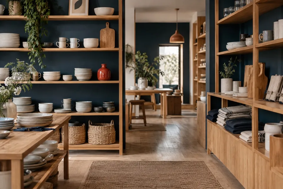 Présentation de produits structurée dans une boutique de décoration