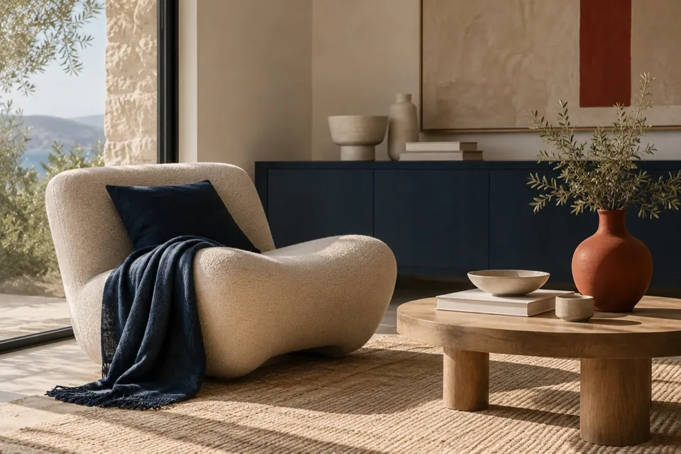 Mise en scène de produits de décoration avec jeux de volumes et de matières