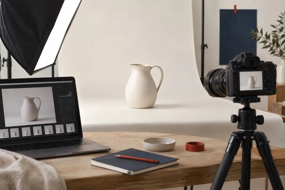 Prise de vue d’un produit sur fond ivoire avec appareil photo et éclairage de studio