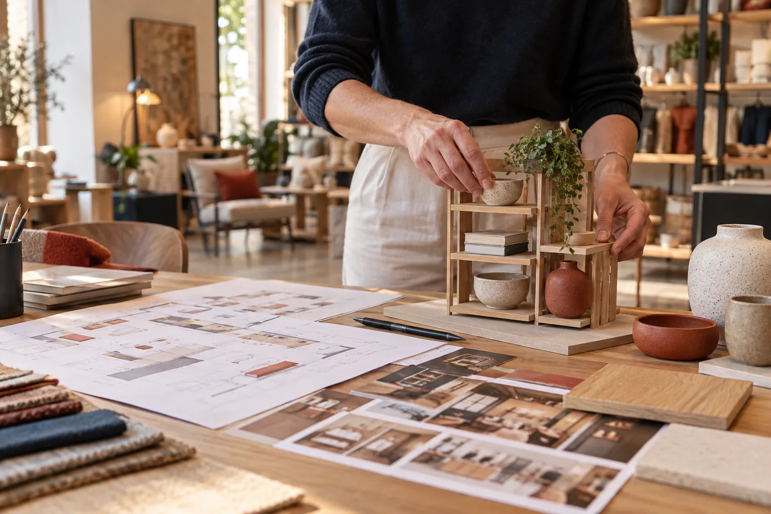 Conception d’une implantation commerciale avec maquette de mobilier, plans et échantillons de matières