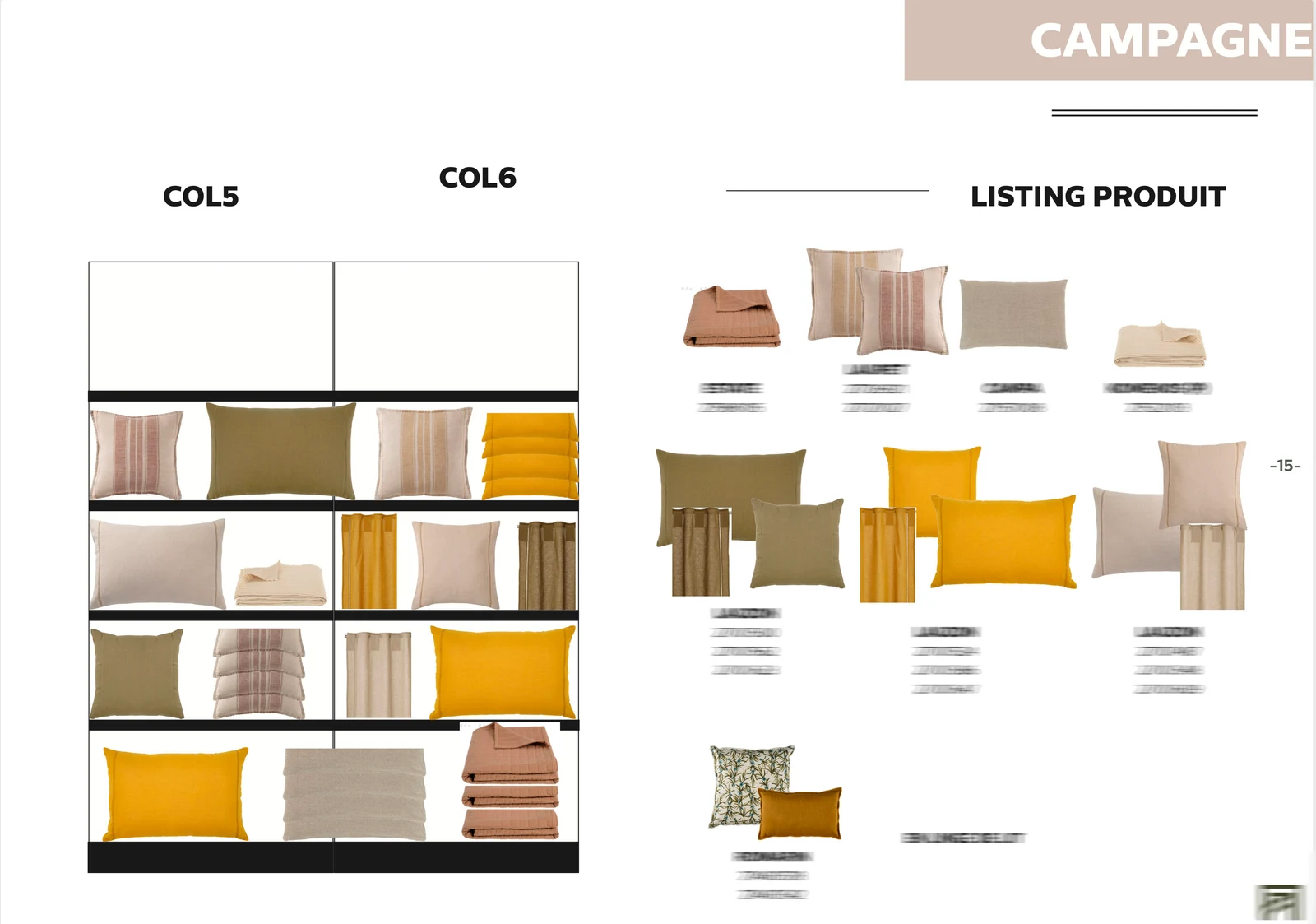 Planogramme de coussins et plaids avec composition de couleurs et assortiment