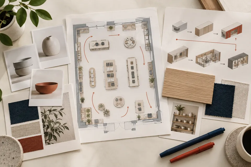Kit de développement commercial avec plan de circulation, assortiment et étapes de déploiement