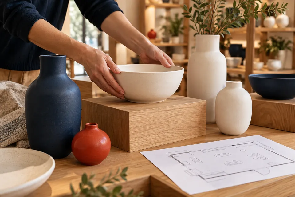 Installation de produits sur un mobilier de présentation, avec un plan à proximité
