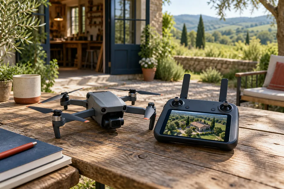 Drone et radiocommande préparés près d’un atelier dans son environnement