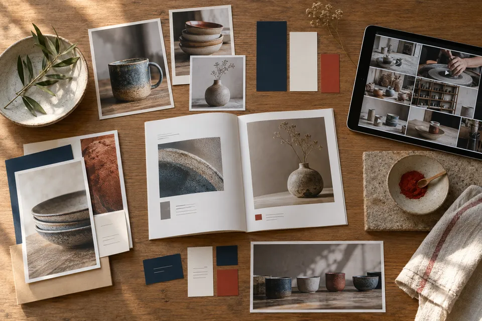 Ensemble de photographies et de repères graphiques préparés pour la communication