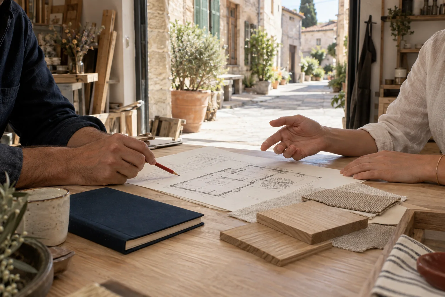 Échange autour d’un plan d’aménagement dans un commerce ouvert sur une rue de village